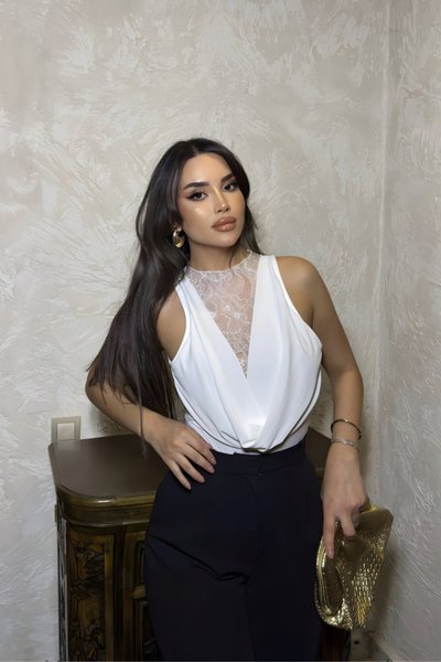 Deep Cowl Neck Lace Bodysuit - White