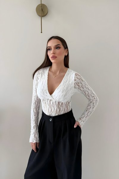 Surplice Neck Lace Bodysuit - White