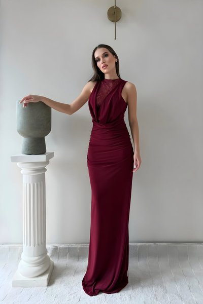 Long Cowl Neck Sandy Lace Evening Dress - Burgundy