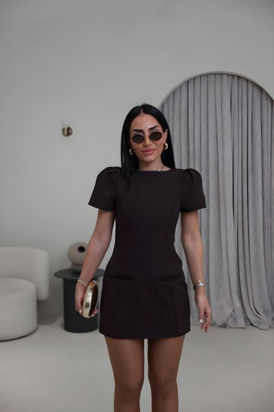 Mini Balloon Sleeve Pocket Detail Dress - Brown