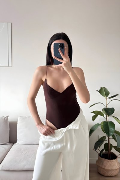 Basic Strappy Bodysuit - Brown