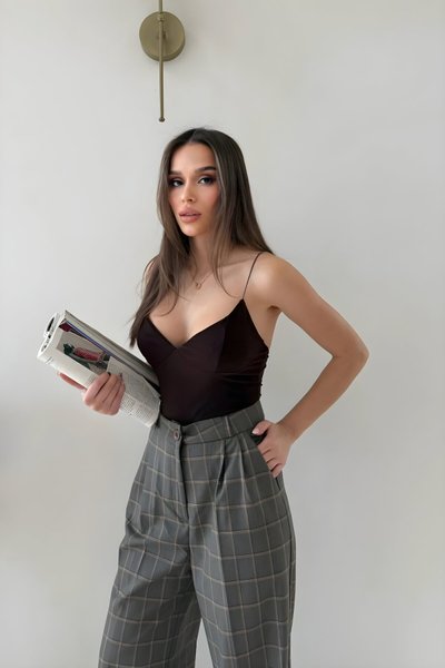 V-Neck Spaghetti Strap Bodysuit - Brown