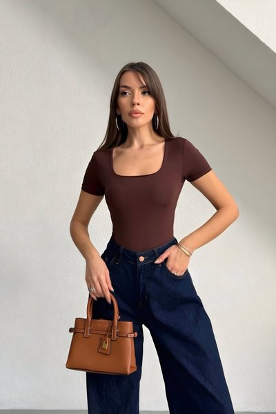 Short Sleeve Square Neck Bodysuit - Brown