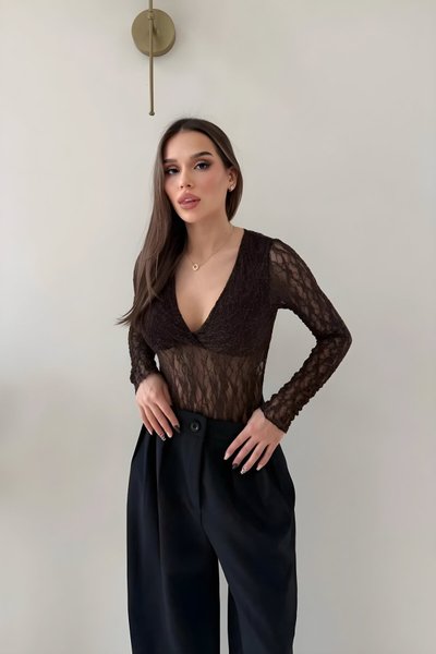 Surplice Neck Lace Bodysuit - Brown