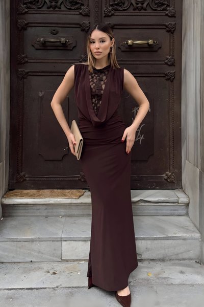 Long Cowl Neck Sandy Lace-Detail Evening Dress - Brown