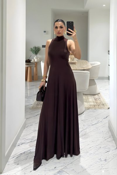 Long Flowy Sleeveless High Neck Dress - Brown