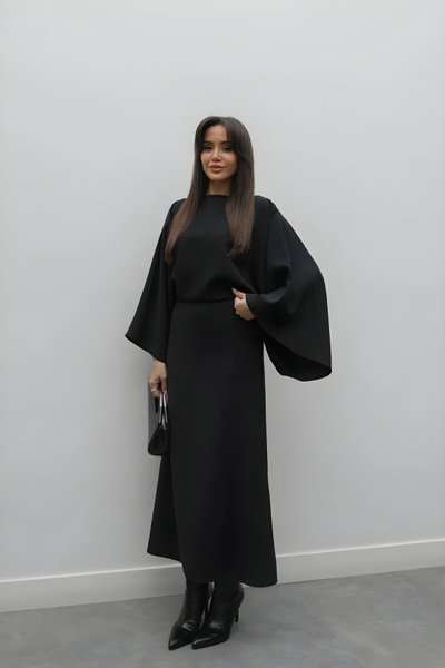 Midi Batwing Sleeve Boat Neck Dress - Black