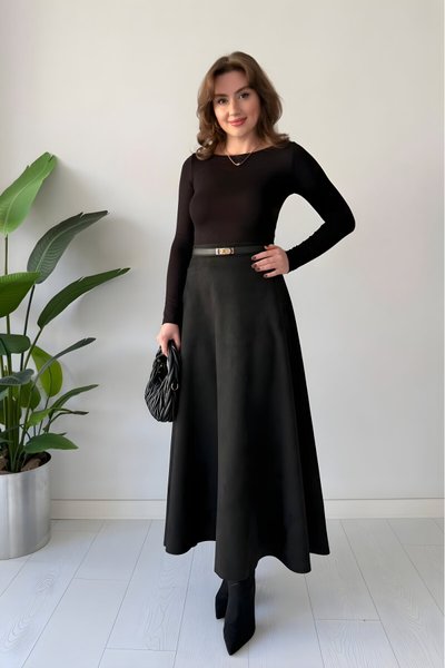 Long A-line Suede Skirt - Black