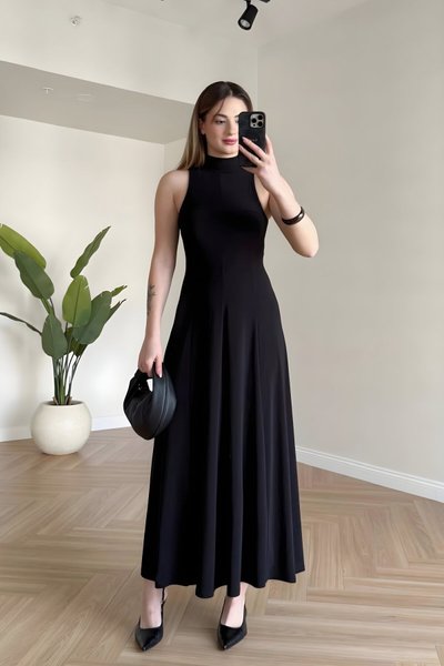 Long Flowy High Neck Sleeveless Dress - Black