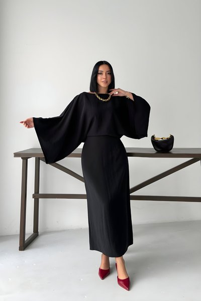 Long Loose Batwing Sleeve Tie-Back Slit Dress - Black