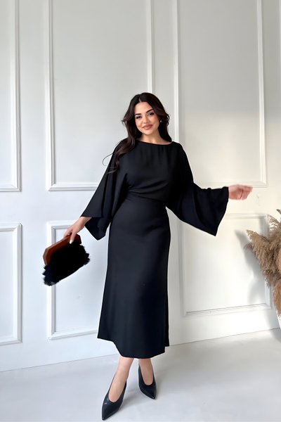 Long Batwing Sleeve Tie-Back Slit Dress - Black