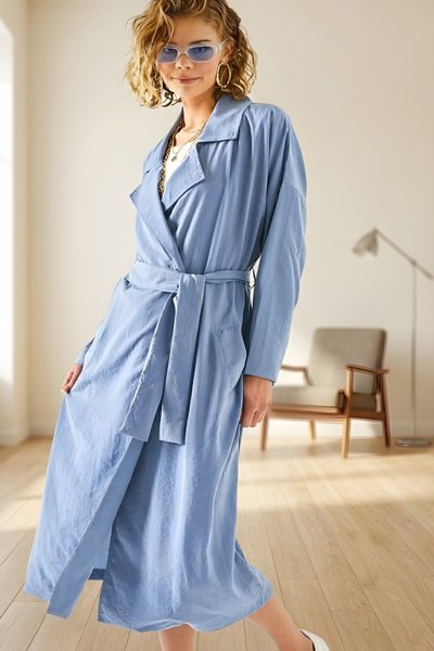 Long Oversized Belted Trench Coat - Blue