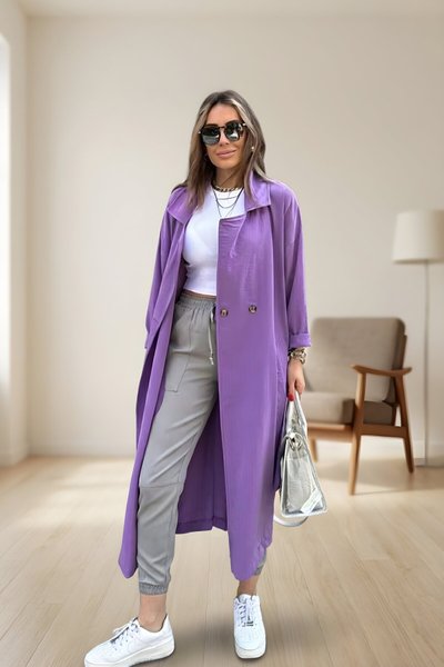 Long Extra Oversized Belted Trench Coat - Purple