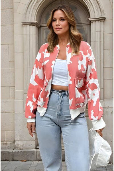 Bomber Patterned Gabardine Jacket - Pink & White