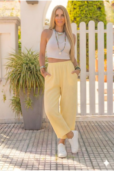 Relaxed Fit Muslin Pants - Yellow
