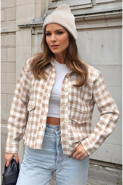 Short Plaid Cachet Pocketed Jacket - Mink