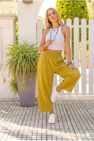Relaxed Fit Muslin Elastic Waist Pants - Oil Green