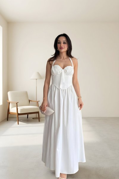 Long Strapped Backless Corset-Detail Dress - White