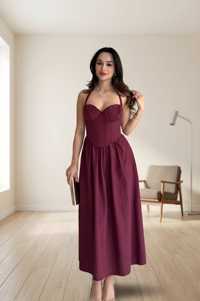 Long Backless Strapped Corset-Detail Dress - Burgundy