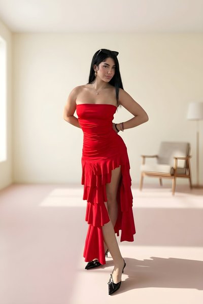 Strapless Midi Asymmetric Chiffon Dress - Red