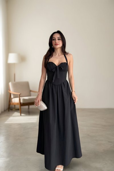 Long Strapped Backless Corset Detail Dress - Black