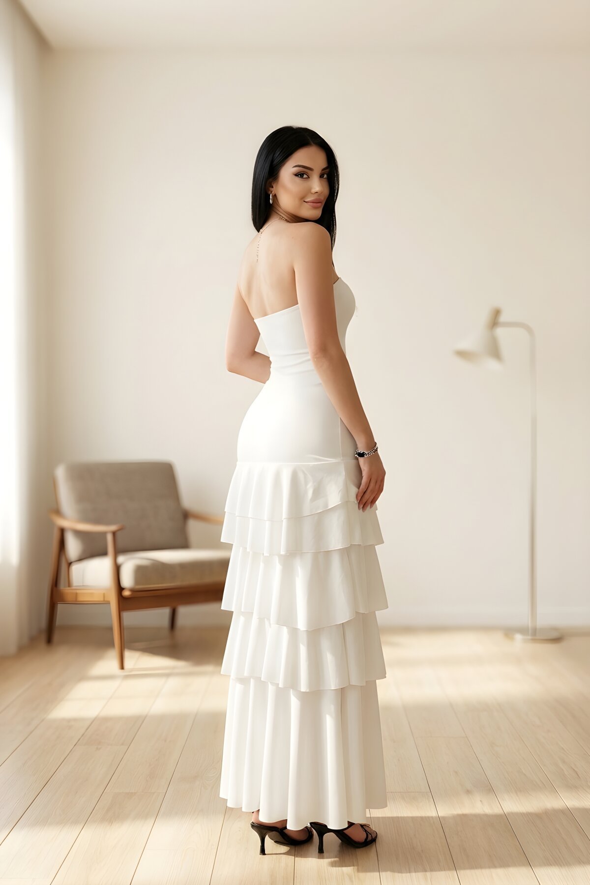 Midi Strapless Asymmetric Chiffon Evening Dress - White - VİSKALİ