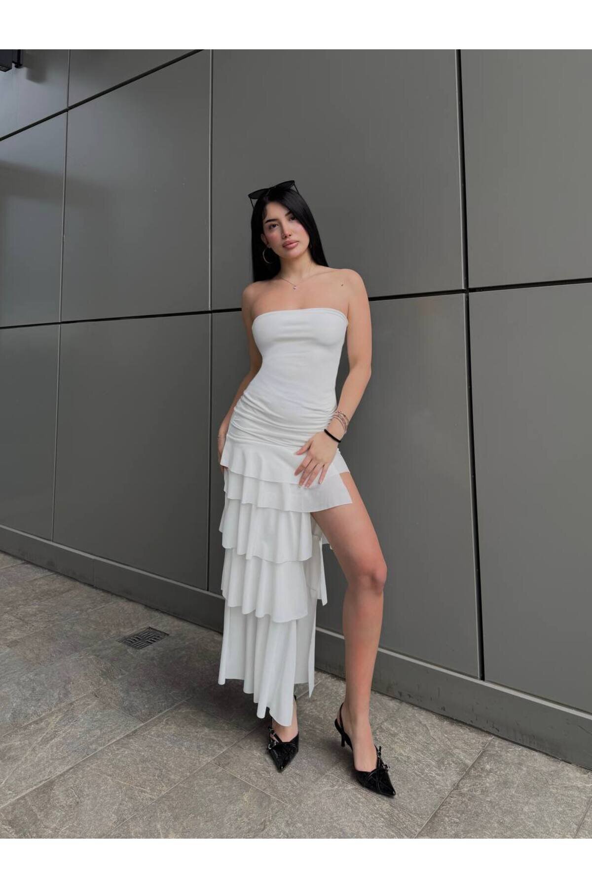 Midi Strapless Asymmetric Chiffon Evening Dress - White - VİSKALİ