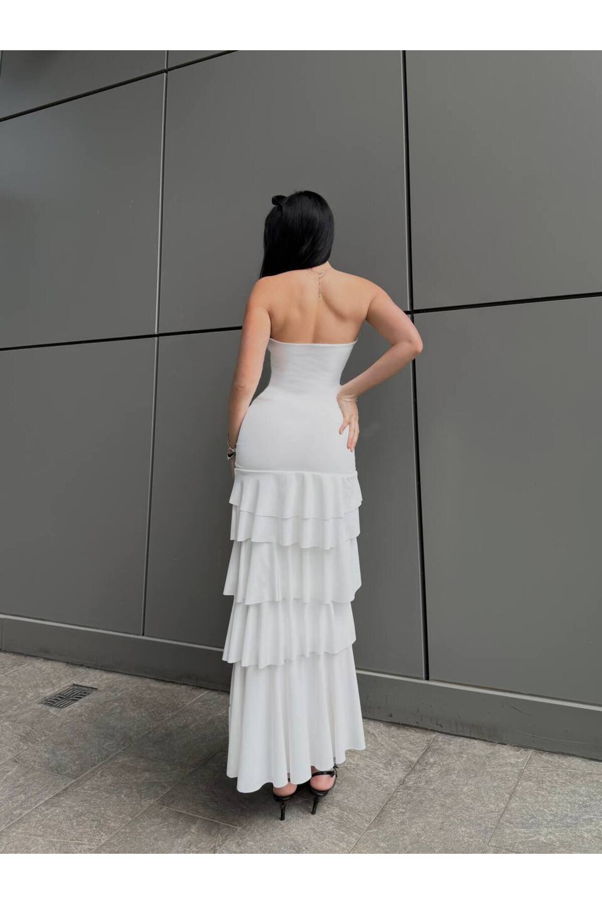 Midi Strapless Asymmetric Chiffon Evening Dress - White - VİSKALİ