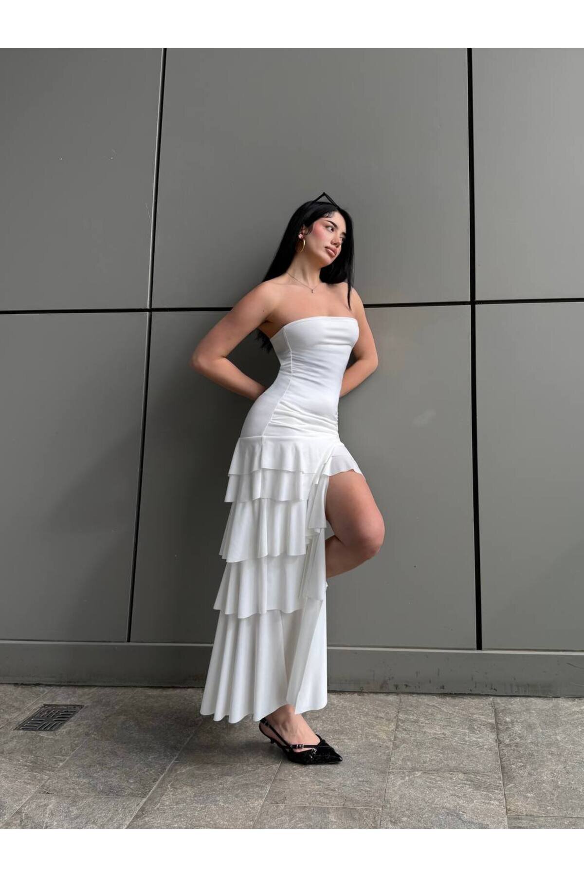 Midi Strapless Asymmetric Chiffon Evening Dress - White - VİSKALİ