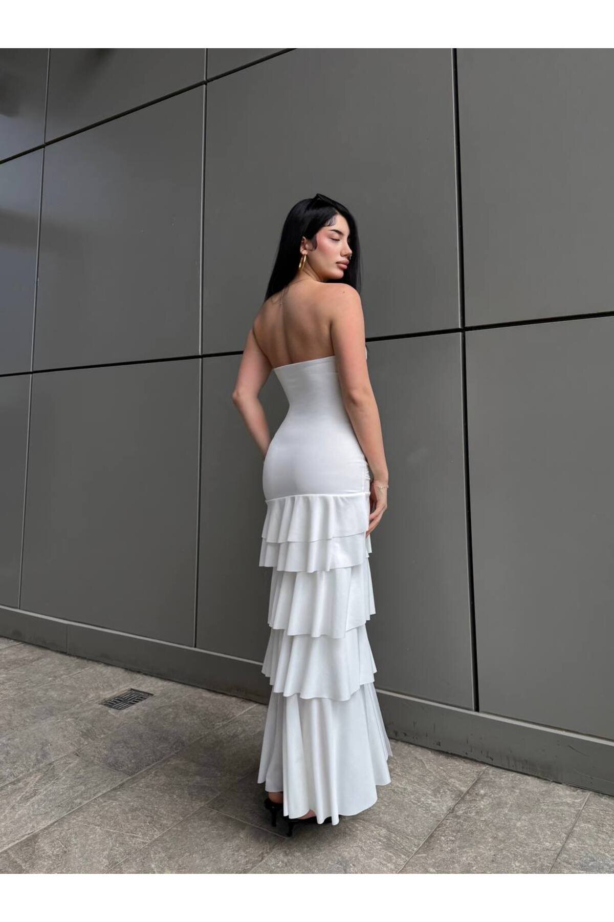 Midi Strapless Asymmetric Chiffon Evening Dress - White - VİSKALİ