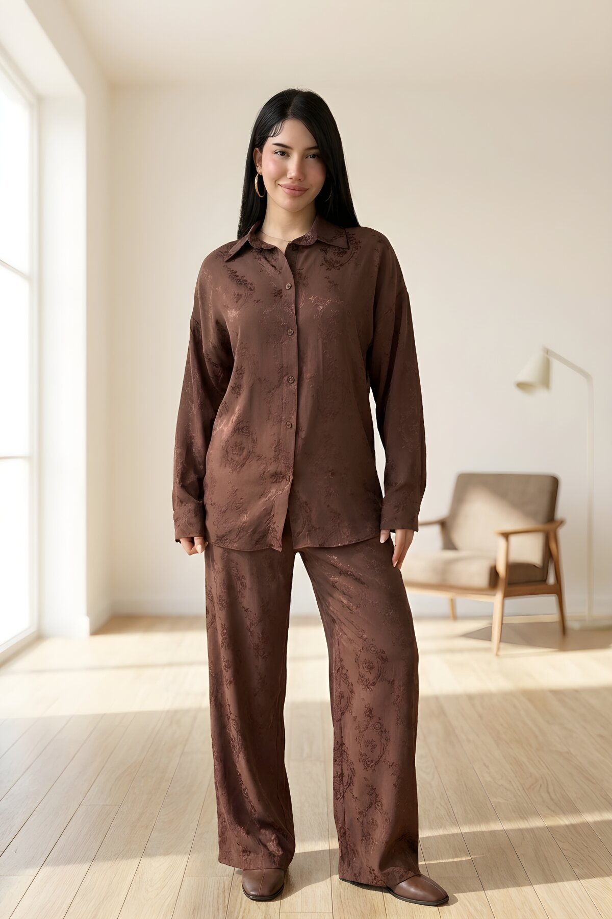 طقم قطعتين حرير بني منقوش - VİSKALİ