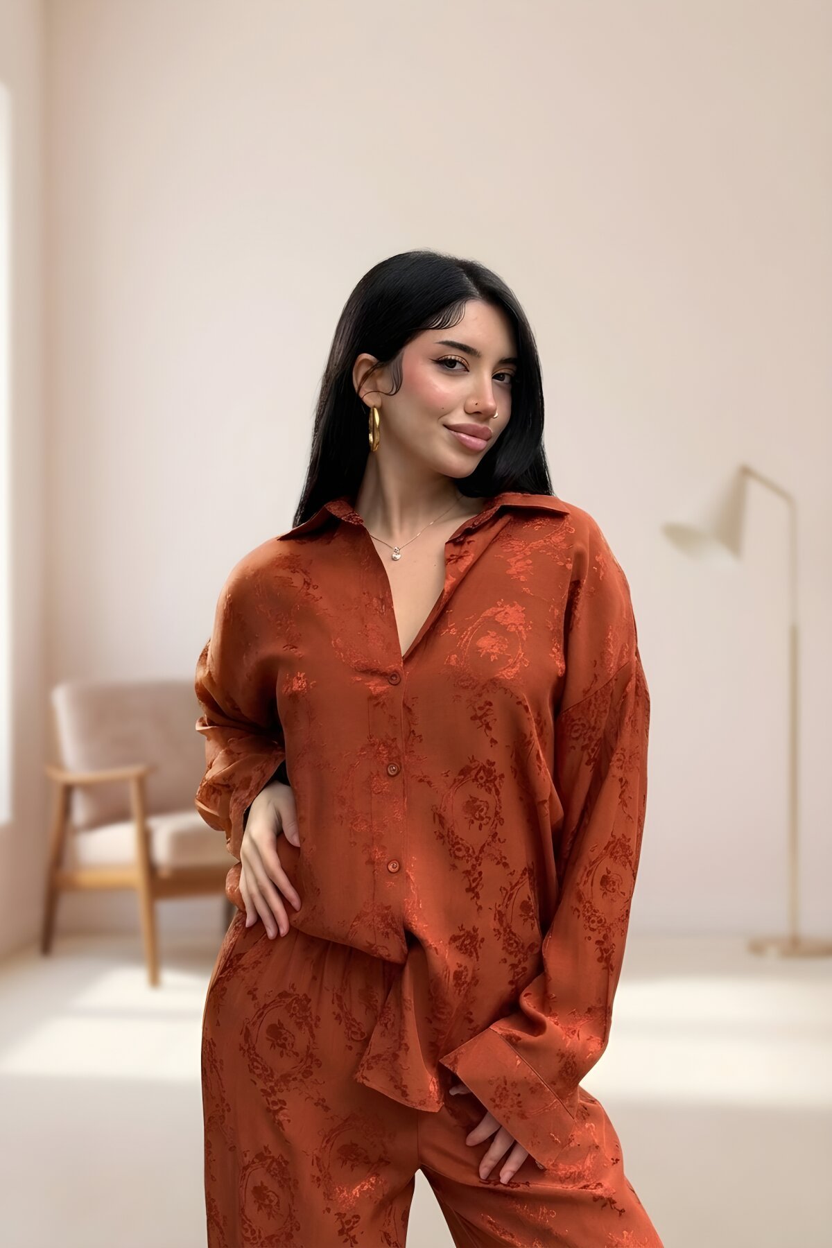 طقم قميص وبنطلون حرير بنقشة قرميدية - VİSKALİ