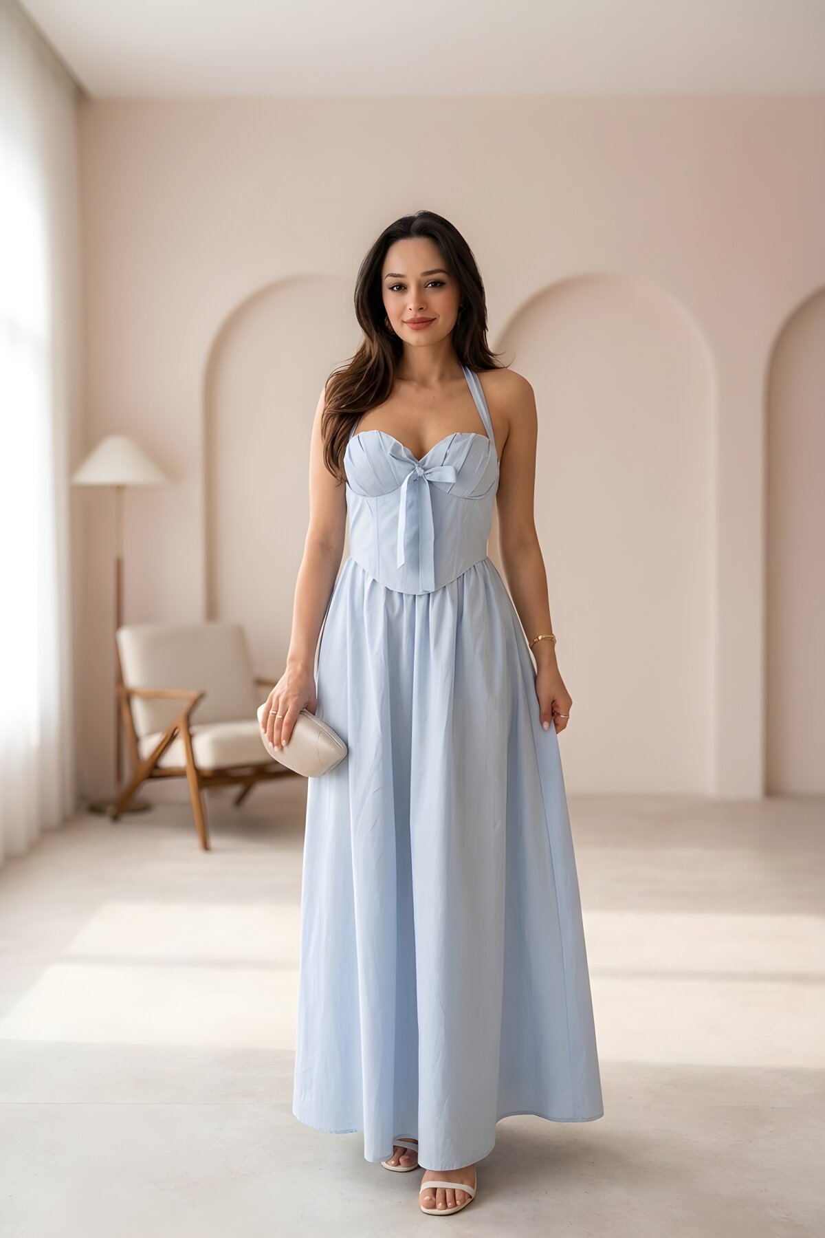 Long Strapped Backless Corset Dress - Blue - VİSKALİ