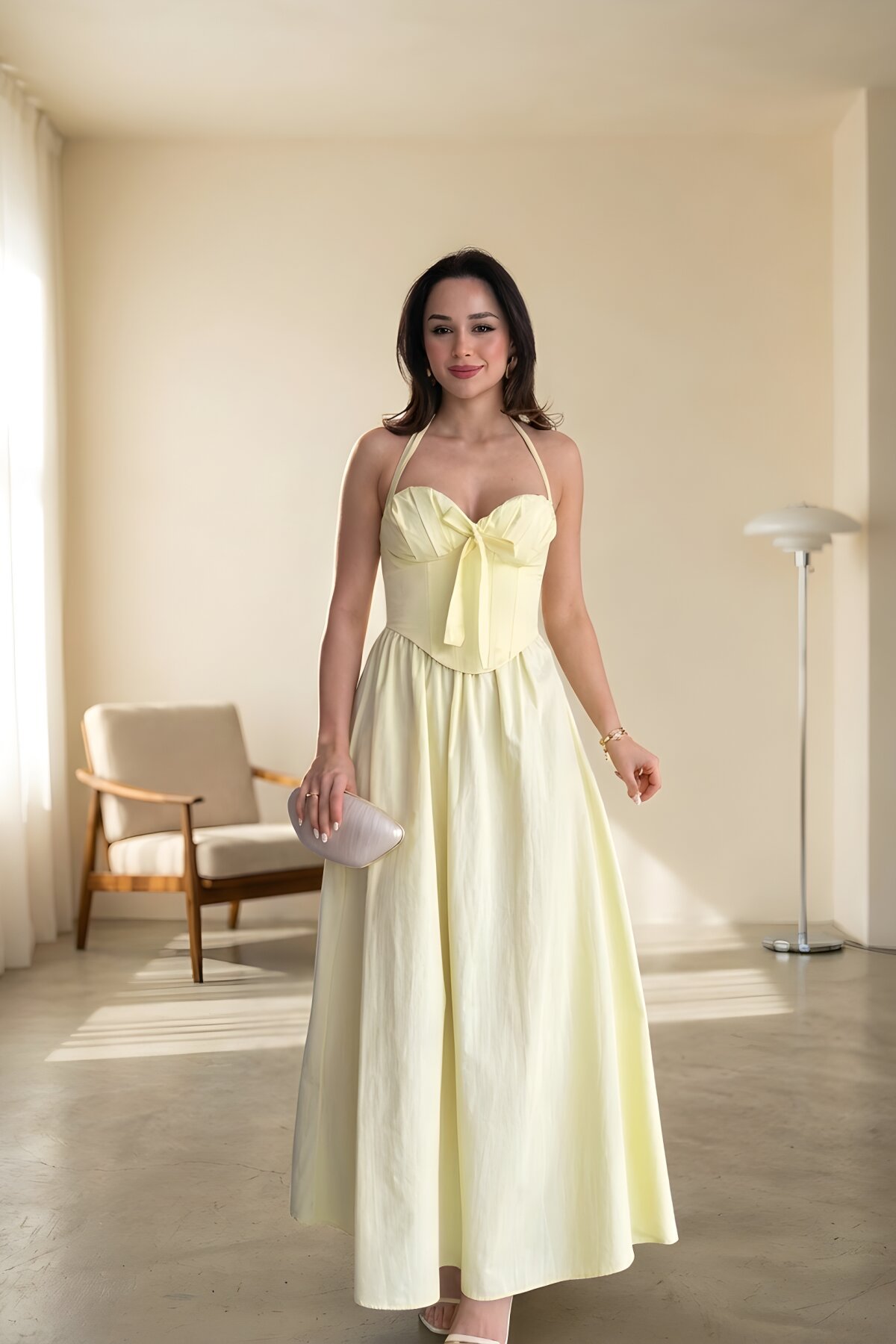 Long Backless Strapped Corset-Detail Dress - Yellow - VİSKALİ