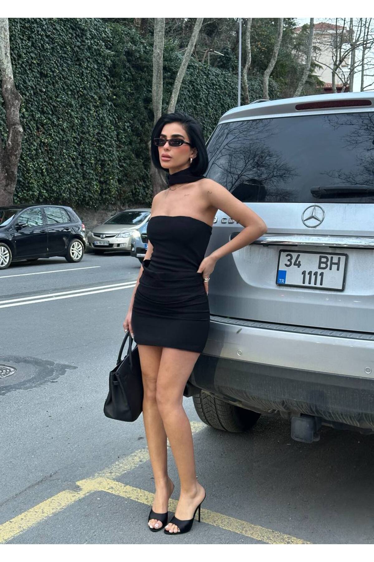 Mini Strapless Dubai Fabric Shawl Evening Dress - Black - VİSKALİ