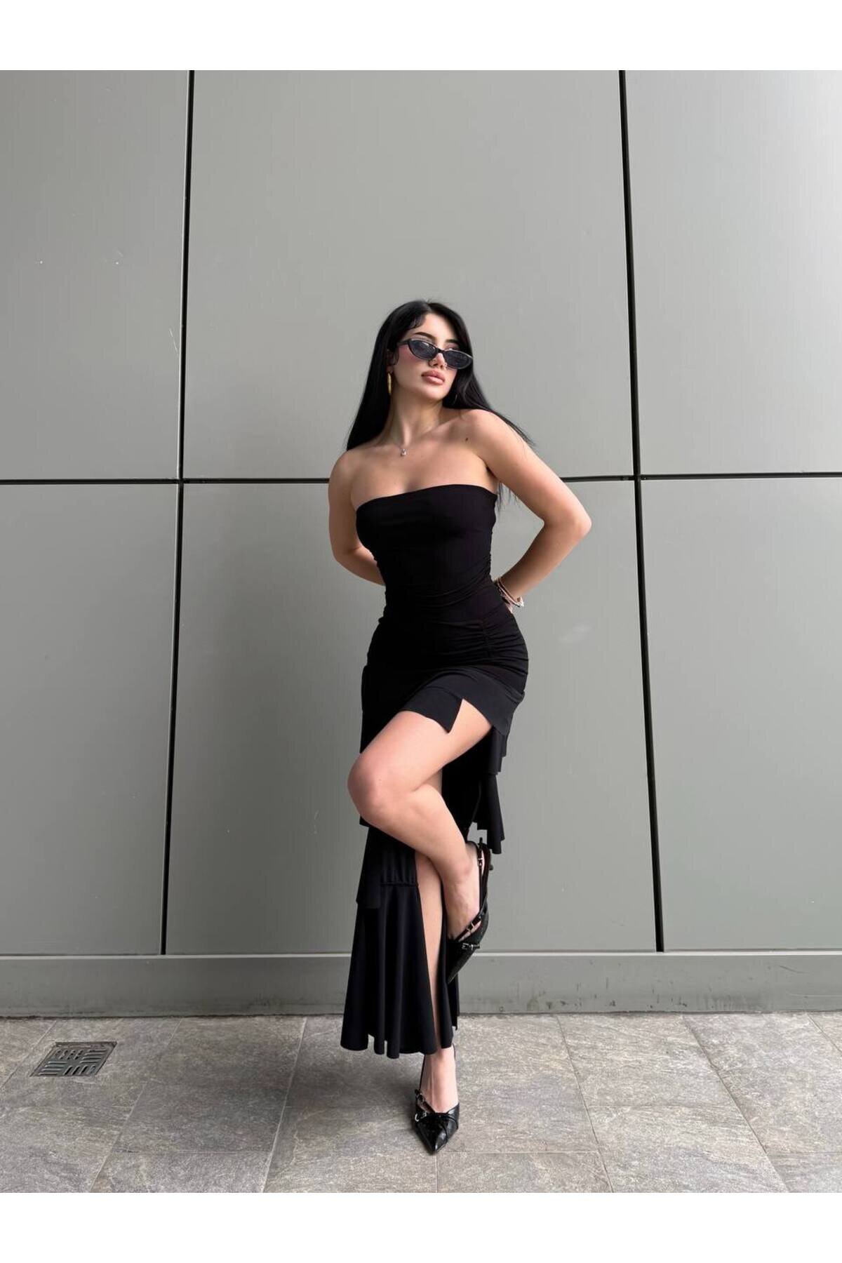 فستان طويل أسود شيفون غير متماثل سترابلس - VİSKALİ