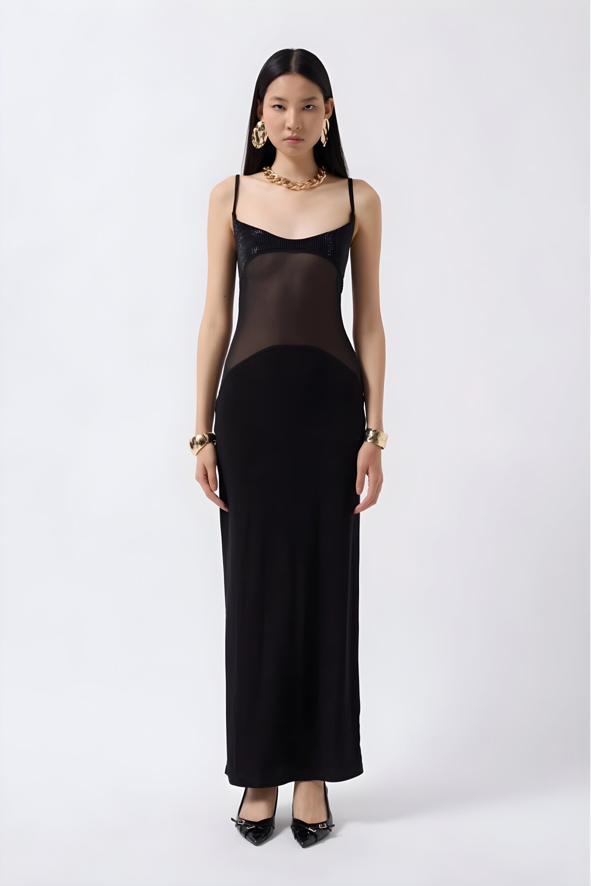 فستان سهرة طويل أسود تول مرصع بالأحجار - VİSKALİ