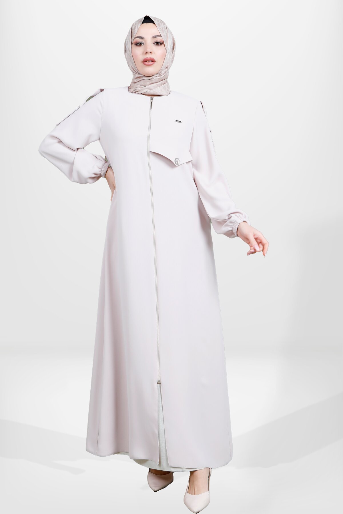 Zip-Up Elastic-Cuff Epaulette Abaya - Beige - Beyza