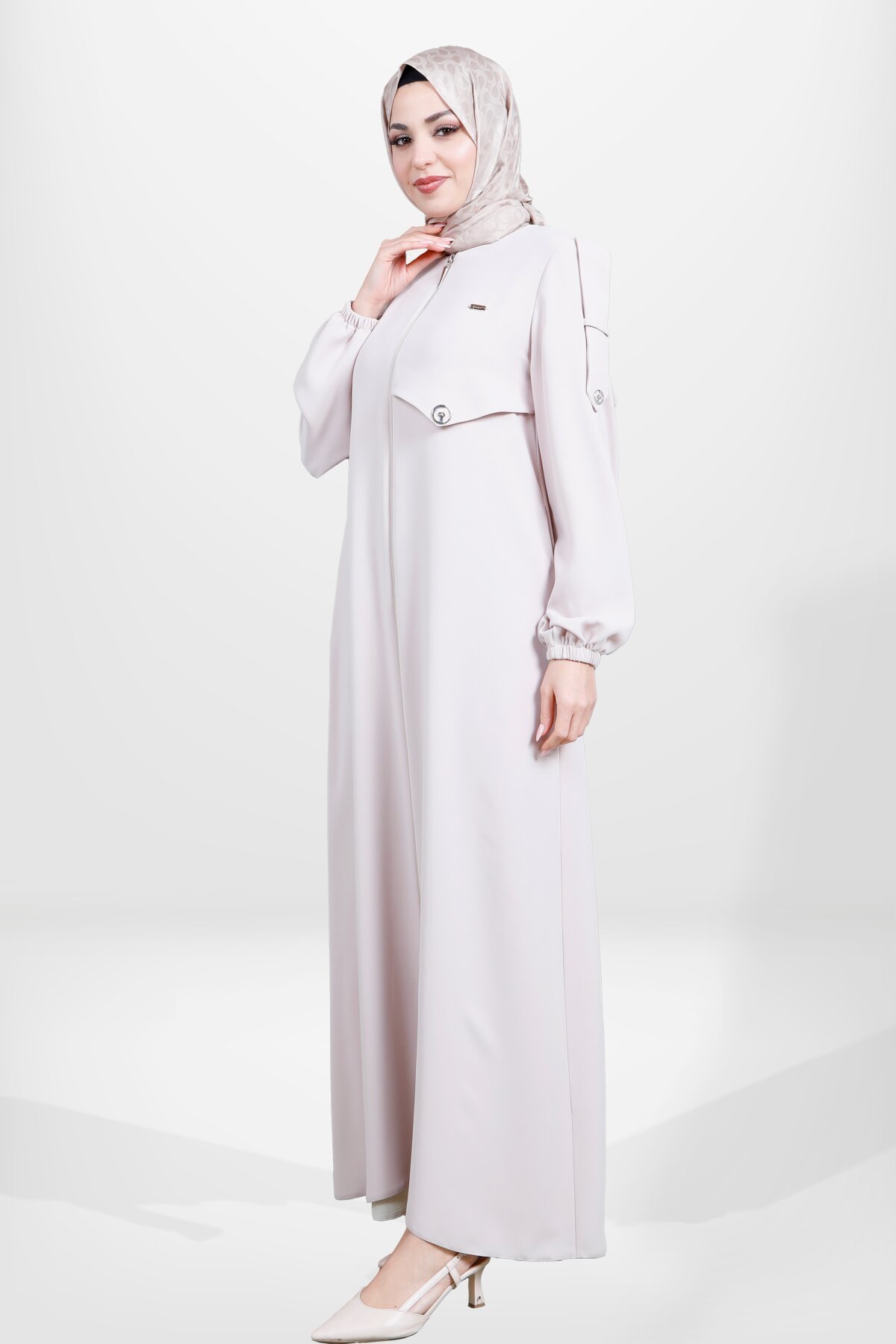 Zip-Up Elastic-Cuff Epaulette Abaya - Beige - Beyza