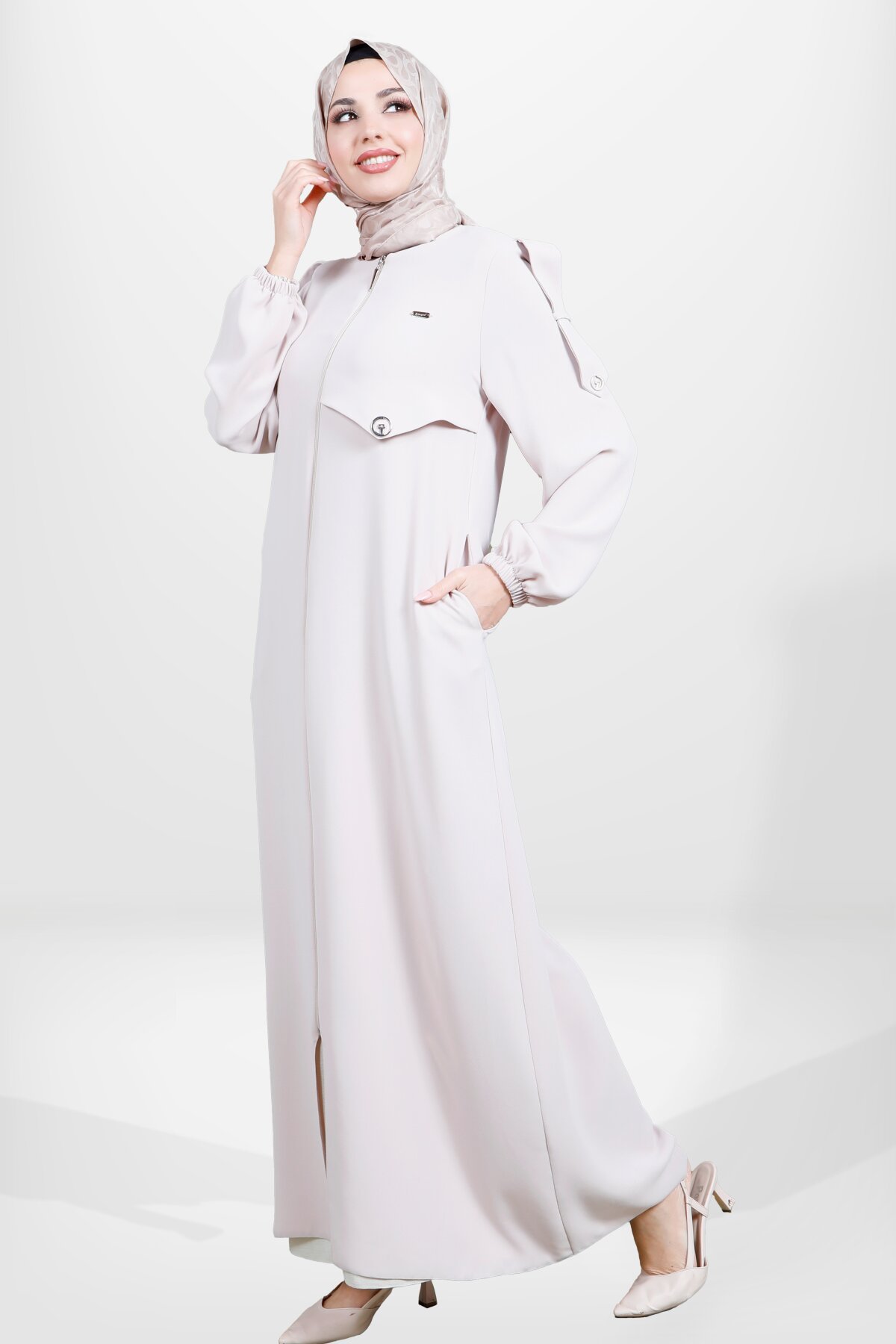 Zip-Up Elastic-Cuff Epaulette Abaya - Beige - Beyza