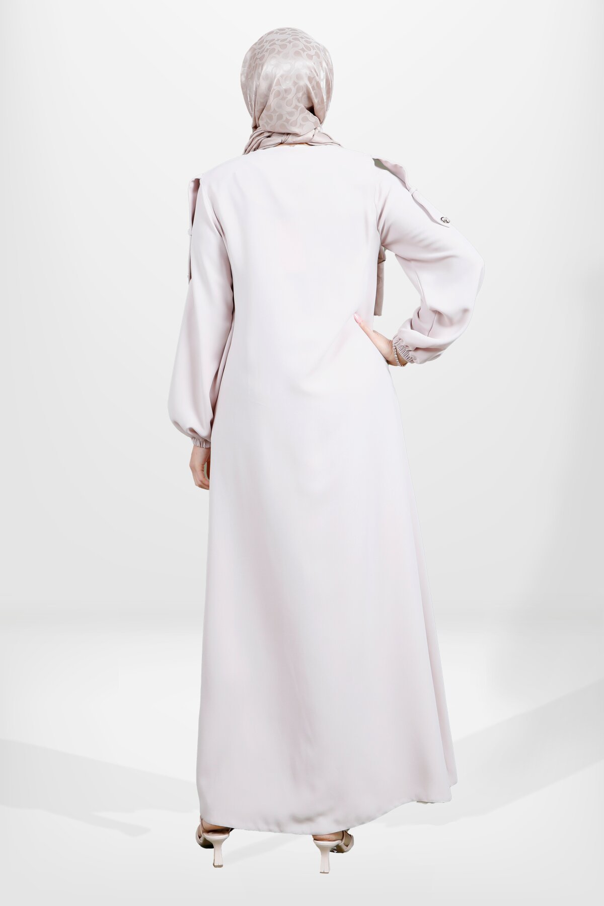 Zip-Up Elastic-Cuff Epaulette Abaya - Beige - Beyza