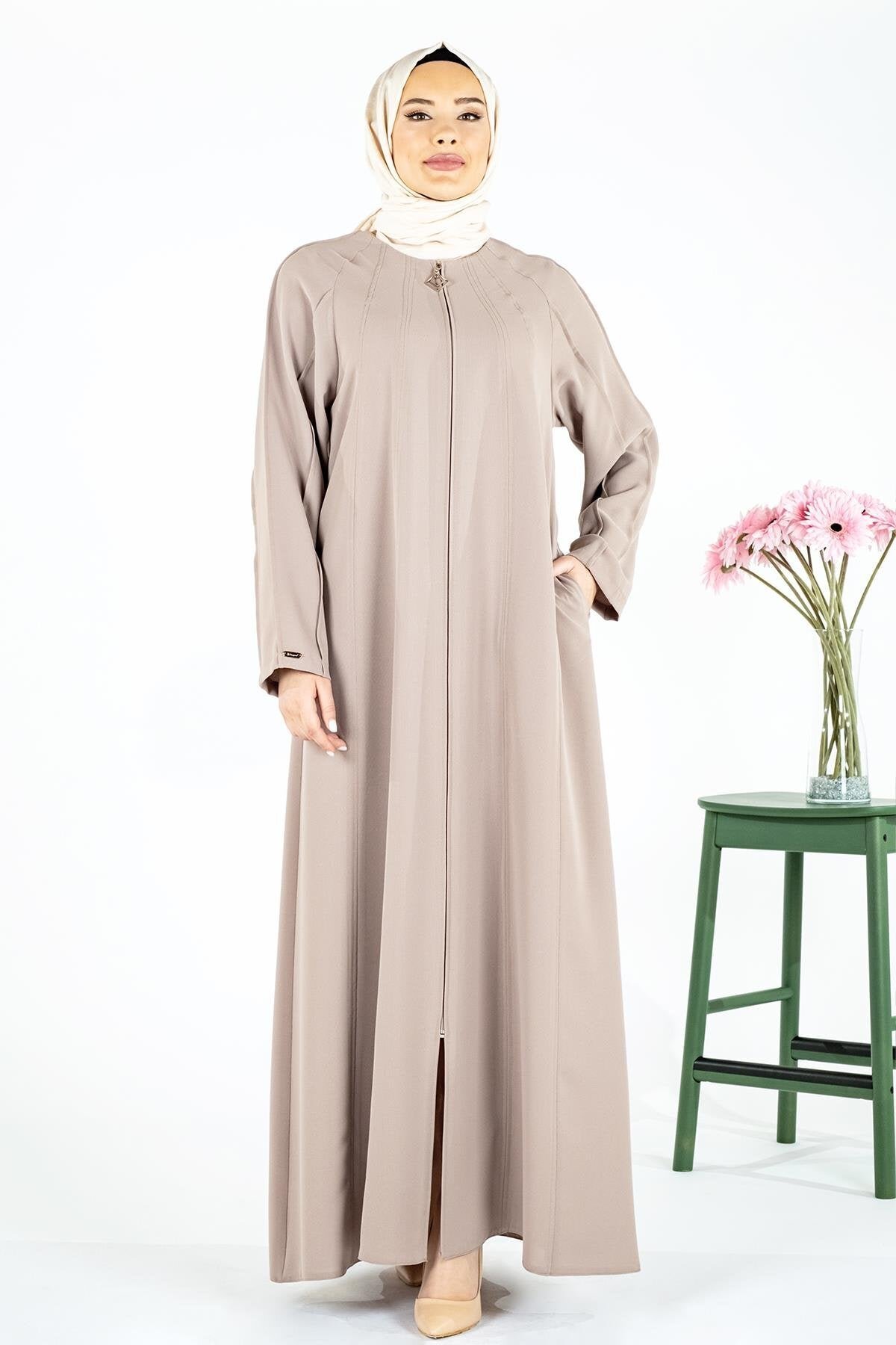 Panelled Ribbed Abaya - Beige - Beyza