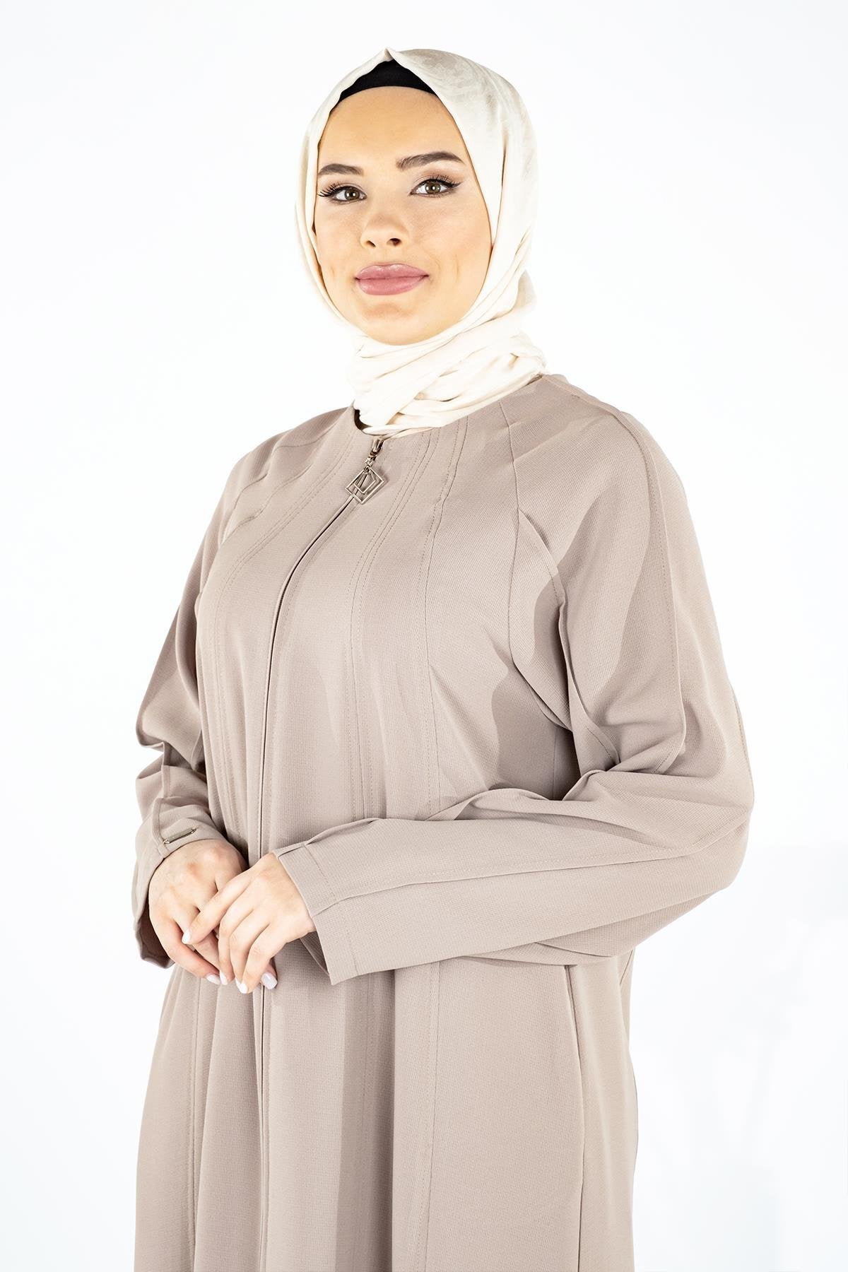 Panelled Ribbed Abaya - Beige - Beyza
