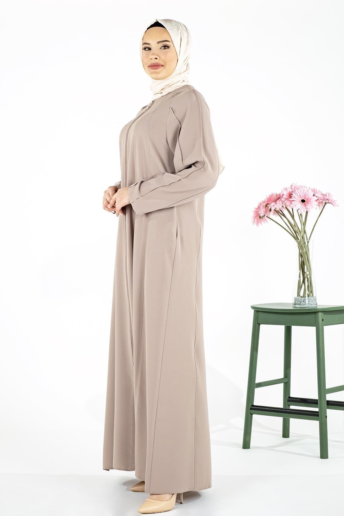 Panelled Ribbed Abaya - Beige - Beyza