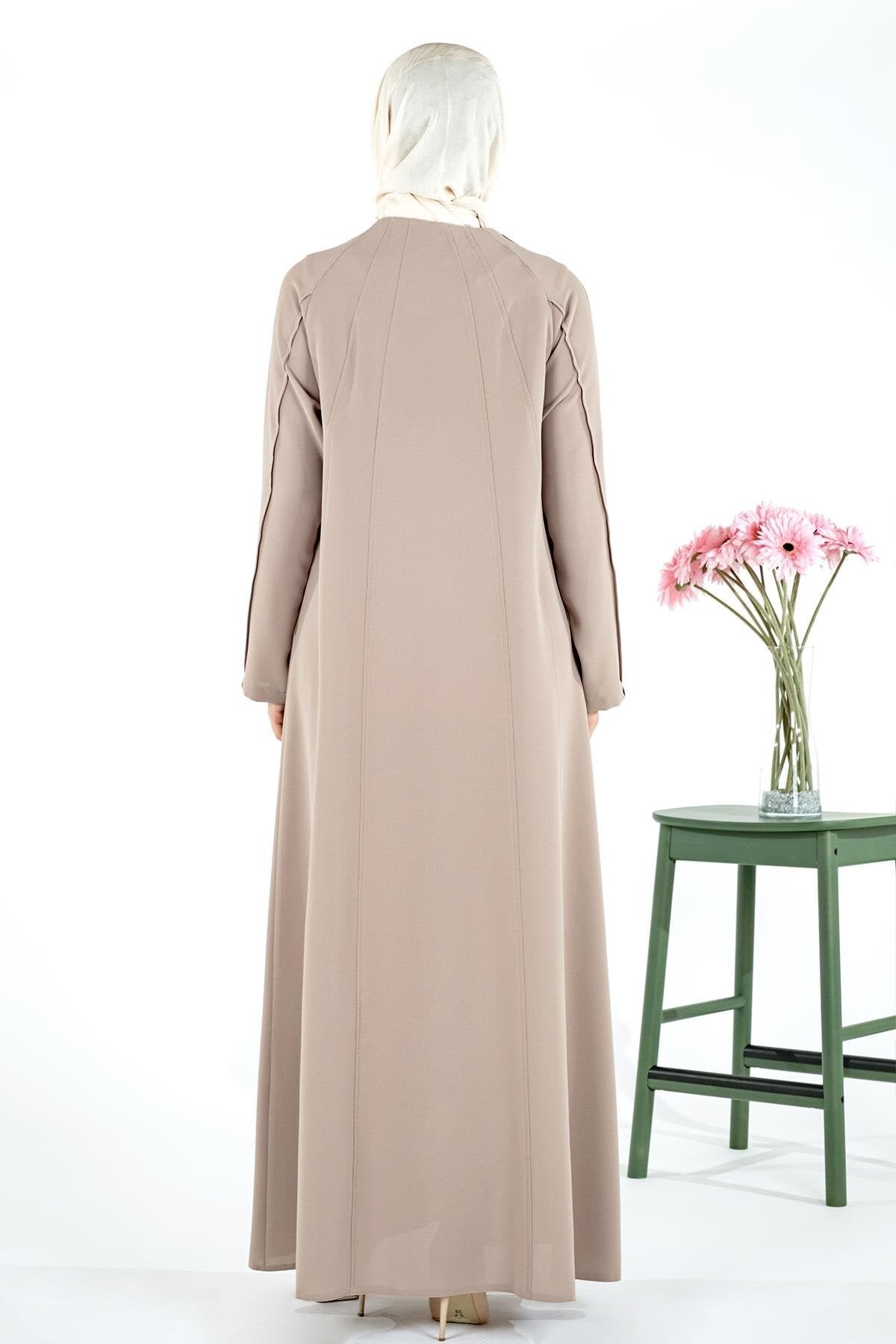 Panelled Ribbed Abaya - Beige - Beyza