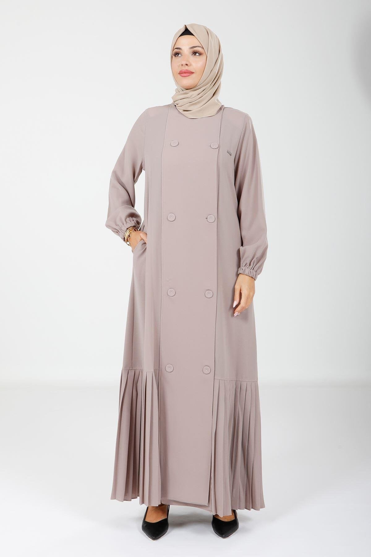 Pleated Buttoned Abaya - Beige - Beyza