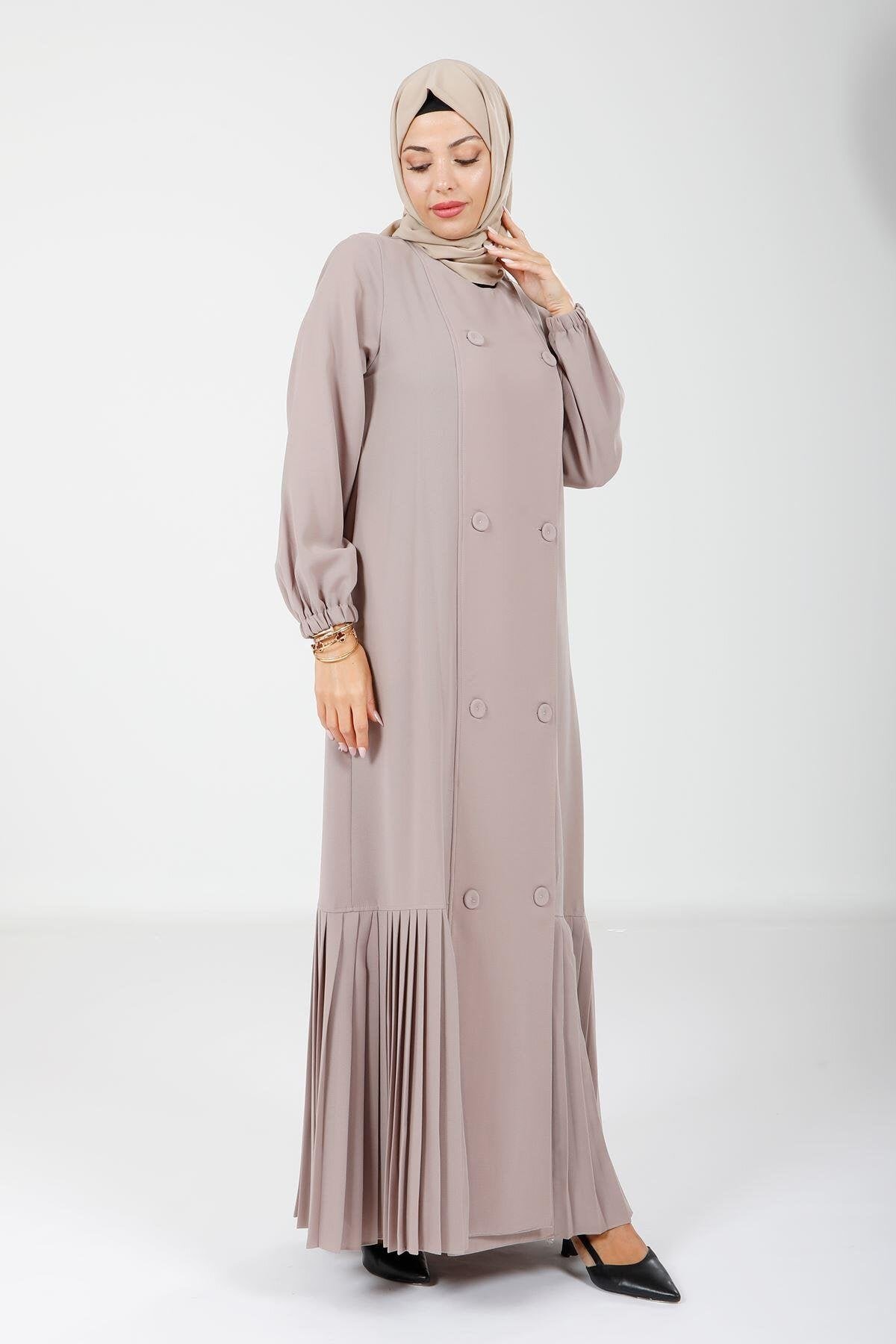 Pleated Buttoned Abaya - Beige - Beyza