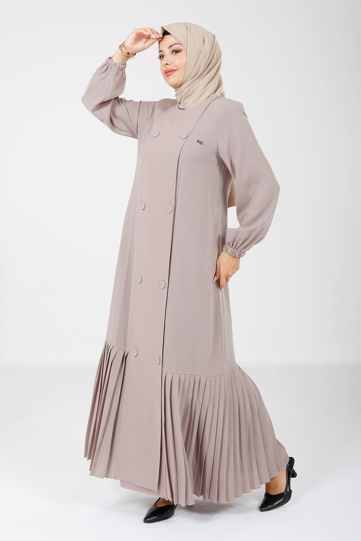 Pleated Buttoned Abaya - Beige - Beyza