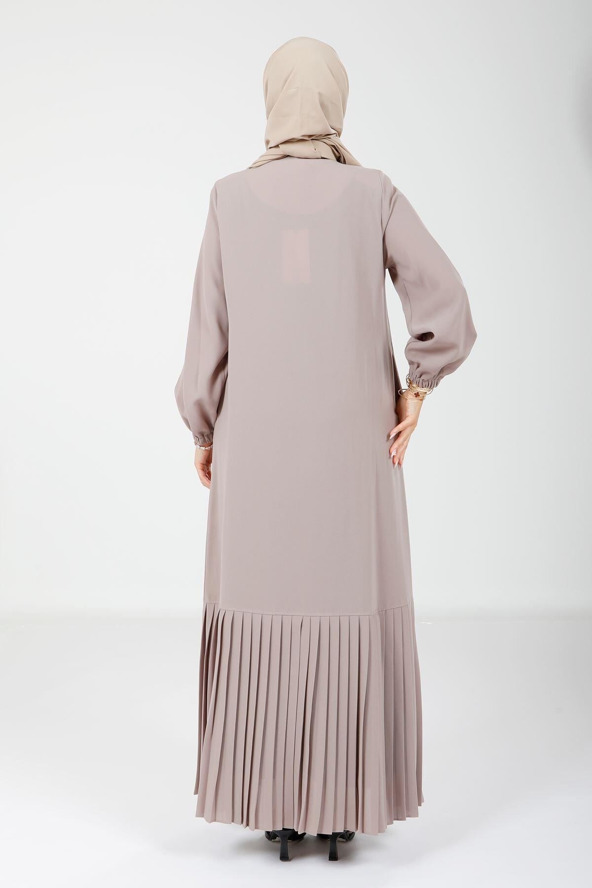 Pleated Buttoned Abaya - Beige - Beyza