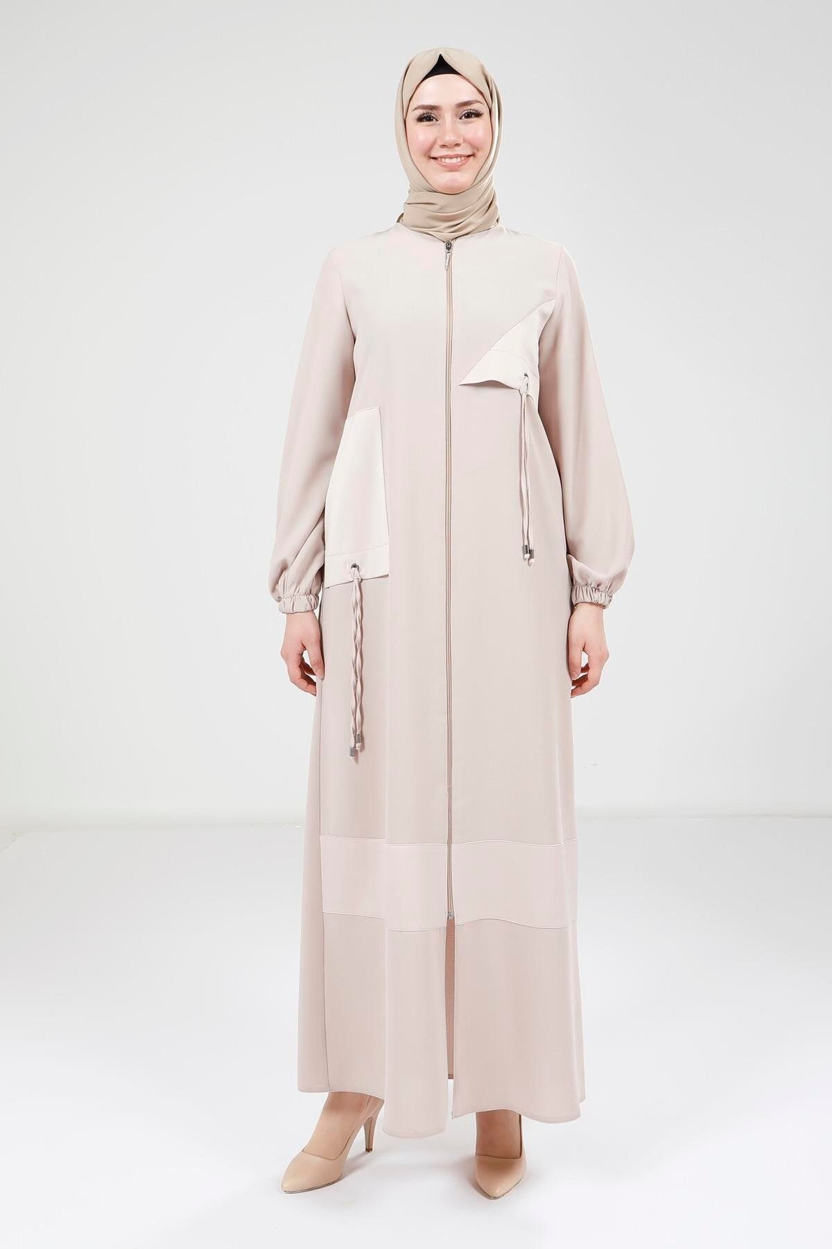 Satin-Trimmed Ferace Abaya - Beige - Beyza